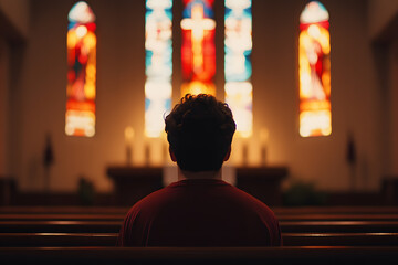 Silhouette of a Man Praying in a Church, Spiritual Reflection and Devotion