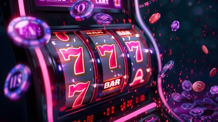 Slot Machine Jackpot: A slot machine displaying a winning combination, coins and lights celebrating the jackpot. 
