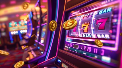 Slot Machine Jackpot: A slot machine displaying a winning combination, coins and lights celebrating the jackpot. 
