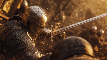 Medieval knights in battle, wearing armor and wielding swords in a dramatic and intense combat scene, captured during golden hour lighting.