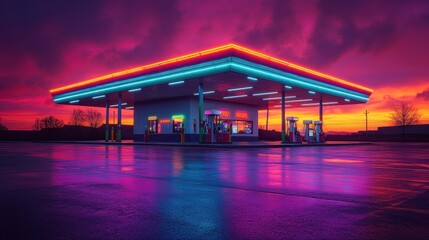 Canvas Print - Neon Gas Station at Sunset