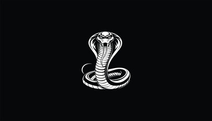 Wall Mural - Indian Cobra with Hood Flared – White Outline, Black Background