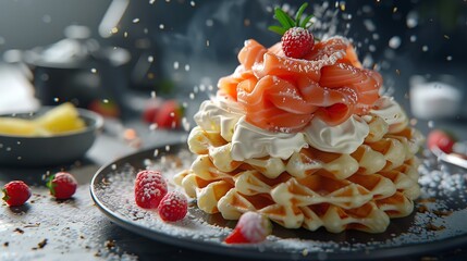 Sticker - A stack of waffles covered in cream and salmon