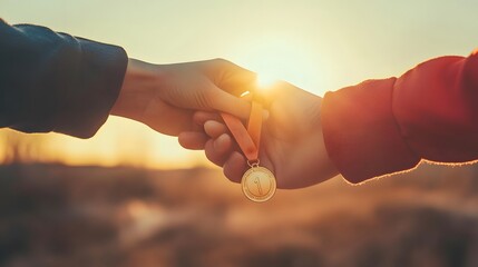 Wall Mural - Hands Clasping a Medal in Unity: Two hands clasping a medal together, symbolizing teamwork and unity, with a soft-focus background of a sunset.
