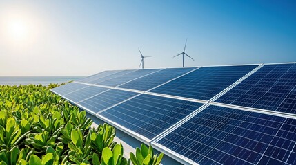 A solar panel array is installed on a hillside next to a body of water