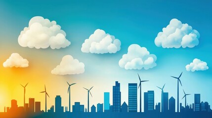 Wall Mural - A city skyline with many wind turbines and a blue sky