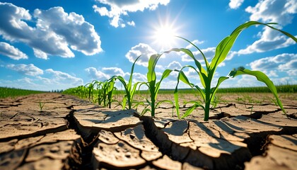 Vibrant young corn plants thriving in parched cracked soil under a bright sunny sky dotted with fluffy clouds