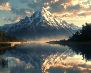 Sticker - Serene mountain landscape reflecting in calm waters at sunset.