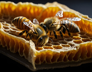 Wall Mural - close up of honey bee, close up of honey bee on honeycomb, honey bee on a piece of honey