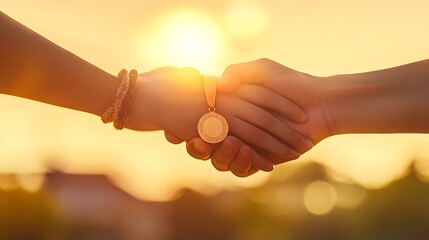 Wall Mural - Hands Clasping a Medal in Unity: Two hands clasping a medal together, symbolizing teamwork and unity, with a soft-focus background of a sunset.
