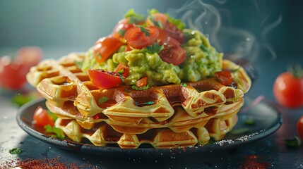 Sticker - A stack of waffles topped with guacamole and tomatoes