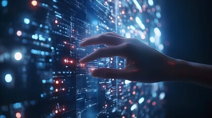 Wall Mural - abstract hand interacting with digital data grid - futuristic - technology