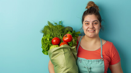 Closeup plus-size woman in sportswear holding vegetables