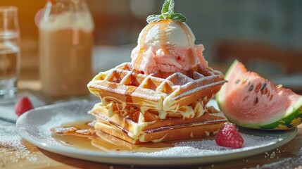 Sticker - A stack of waffles with a scoop of ice cream on top