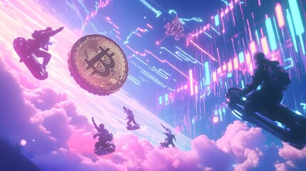 Wall Mural - futuristic riders on hoverboards chasing giant bitcoin in digital space