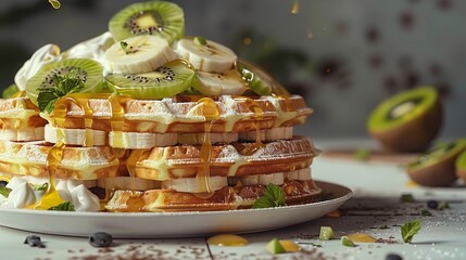 Sticker - A stack of waffles with bananas kiwi slices on top