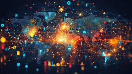 Fototapete - A colorful, abstract image of a globe with many different icons and symbols