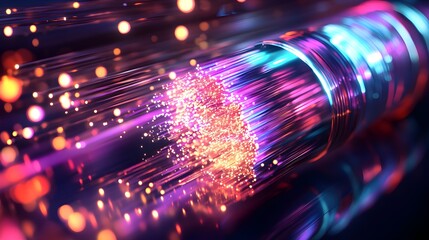 Wall Mural - cross-section of glowing fiber optic cable with individual strands exposed