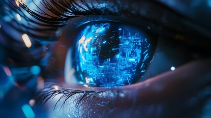 Wall Mural - futuristic human eye glowing with neon blue technology