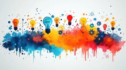 A colorful painting of light bulbs and gears