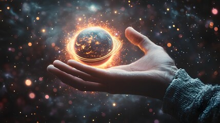 Wall Mural - hand holding a ringed planet: a hand cupping a small ringed planet, with cosmic rays and stars in th