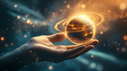 Wall Mural - hand holding a ringed planet: a hand cupping a small ringed planet, with cosmic rays and stars in th