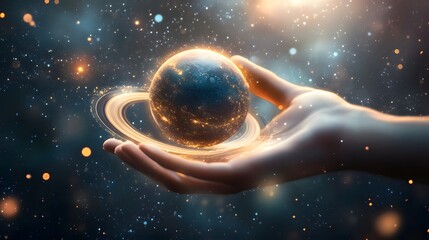 Wall Mural - hand holding a ringed planet: a hand cupping a small ringed planet, with cosmic rays and stars in th