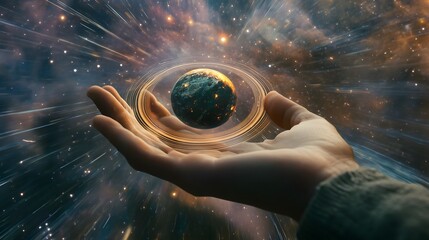 Wall Mural - hand holding a ringed planet: a hand cupping a small ringed planet, with cosmic rays and stars in th