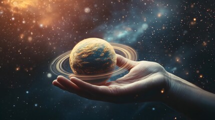 Wall Mural - hand holding a ringed planet: a hand cupping a small ringed planet, with cosmic rays and stars in th