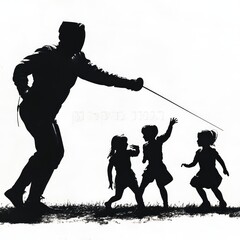 Canvas Print - Silhouette of a person fencing playfully with children.