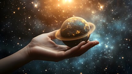 Wall Mural - hand holding a ringed planet: a hand cupping a small ringed planet, with cosmic rays and stars in th