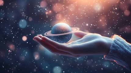 Wall Mural - hand holding a ringed planet: a hand cupping a small ringed planet, with cosmic rays and stars in th