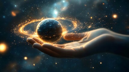 Wall Mural - hand holding a ringed planet: a hand cupping a small ringed planet, with cosmic rays and stars in th