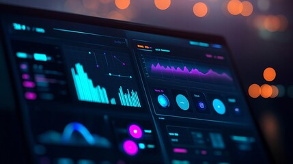 User interface, futuristic dashboard, neon blue accents, dark background, advanced analytics display