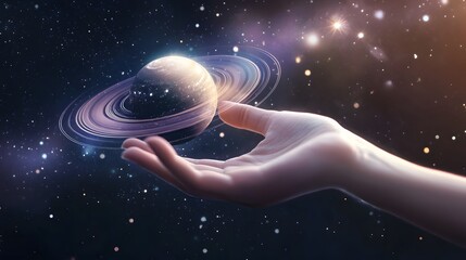 Wall Mural - hand holding a ringed planet: a hand cupping a small ringed planet, with cosmic rays and stars in th