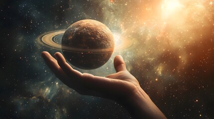 Wall Mural - hand holding a ringed planet: a hand cupping a small ringed planet, with cosmic rays and stars in th
