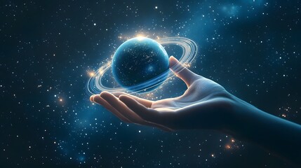 Wall Mural - hand holding a ringed planet: a hand cupping a small ringed planet, with cosmic rays and stars in th