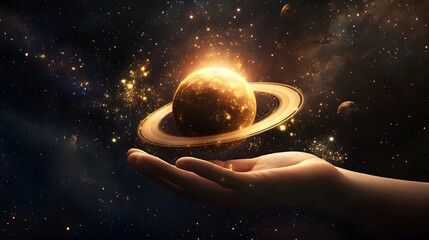 Wall Mural - hand holding a ringed planet: a hand cupping a small ringed planet, with cosmic rays and stars in th