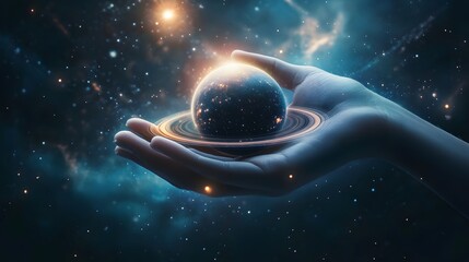 Wall Mural - hand holding a ringed planet: a hand cupping a small ringed planet, with cosmic rays and stars in th