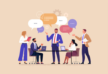 Fototapete - Business Team Brainstorming Concept. Vector illustration in flat style of a group of diverse people at a desk having a discussion with speech bubbles over their heads. Isolated on background