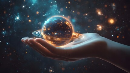 Wall Mural - hand holding a ringed planet: a hand cupping a small ringed planet, with cosmic rays and stars in th