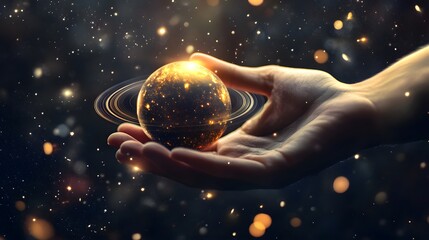 Wall Mural - hand holding a ringed planet: a hand cupping a small ringed planet, with cosmic rays and stars in th