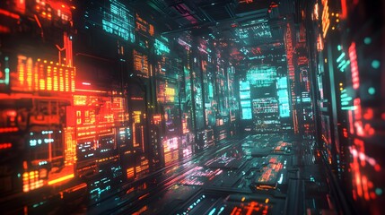 Wall Mural - futuristic neon-lit digital corridor, ultra-detail cyberpunk design