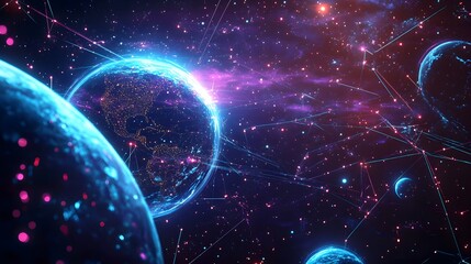 Wall Mural - futuristic digital network connecting planets in outer space, earth and cosmic web