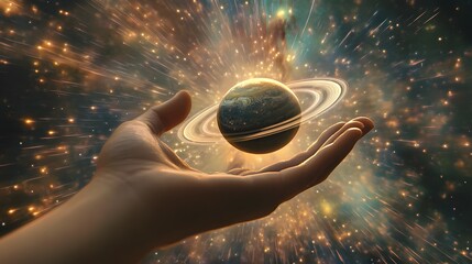 Wall Mural - hand holding a ringed planet: a hand cupping a small ringed planet, with cosmic rays and stars in th