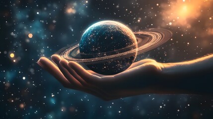 Wall Mural - hand holding a ringed planet: a hand cupping a small ringed planet, with cosmic rays and stars in th