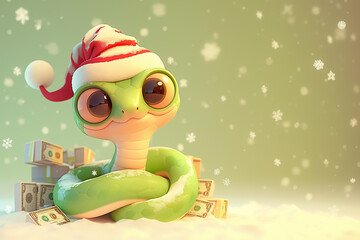 Sticker - A green snake wearing a red and white hat and sitting on a pile of money. The image has a playful and whimsical mood, as the snake is dressed up in a festive hat and surrounded by money