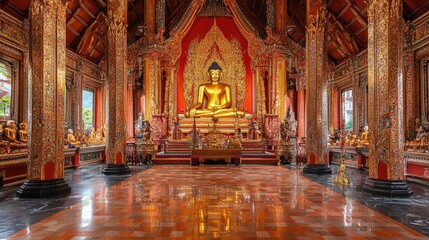 A beautiful Thai temple with a golden Buddha.