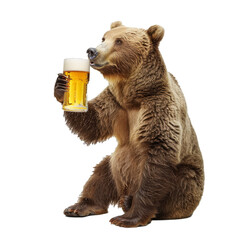 funny brown bear sitting and holding glass of beer on white background