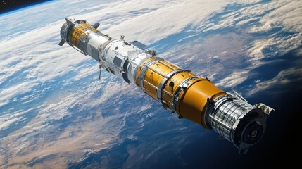 Aufkleber - A large yellow and orange space shuttle is flying through the sky
